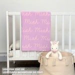 Cotton baby blanket with baby's name knitted in light purple and light pink, made by TinyBitz.