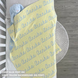 TinyBitz Personalized baby knitted name blanket in light yellow and light blue, making the best baby shower gift!