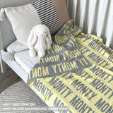 TinyBitz Custom Blanket knitted from cotton with baby's name on light yellow background, best gift to welcome a newborn baby.