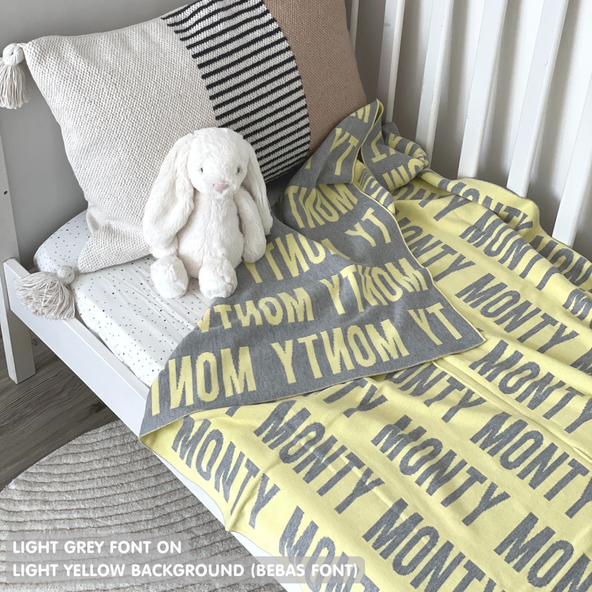 TinyBitz Custom Blanket knitted from cotton with baby's name on light yellow background, best gift to welcome a newborn baby.
