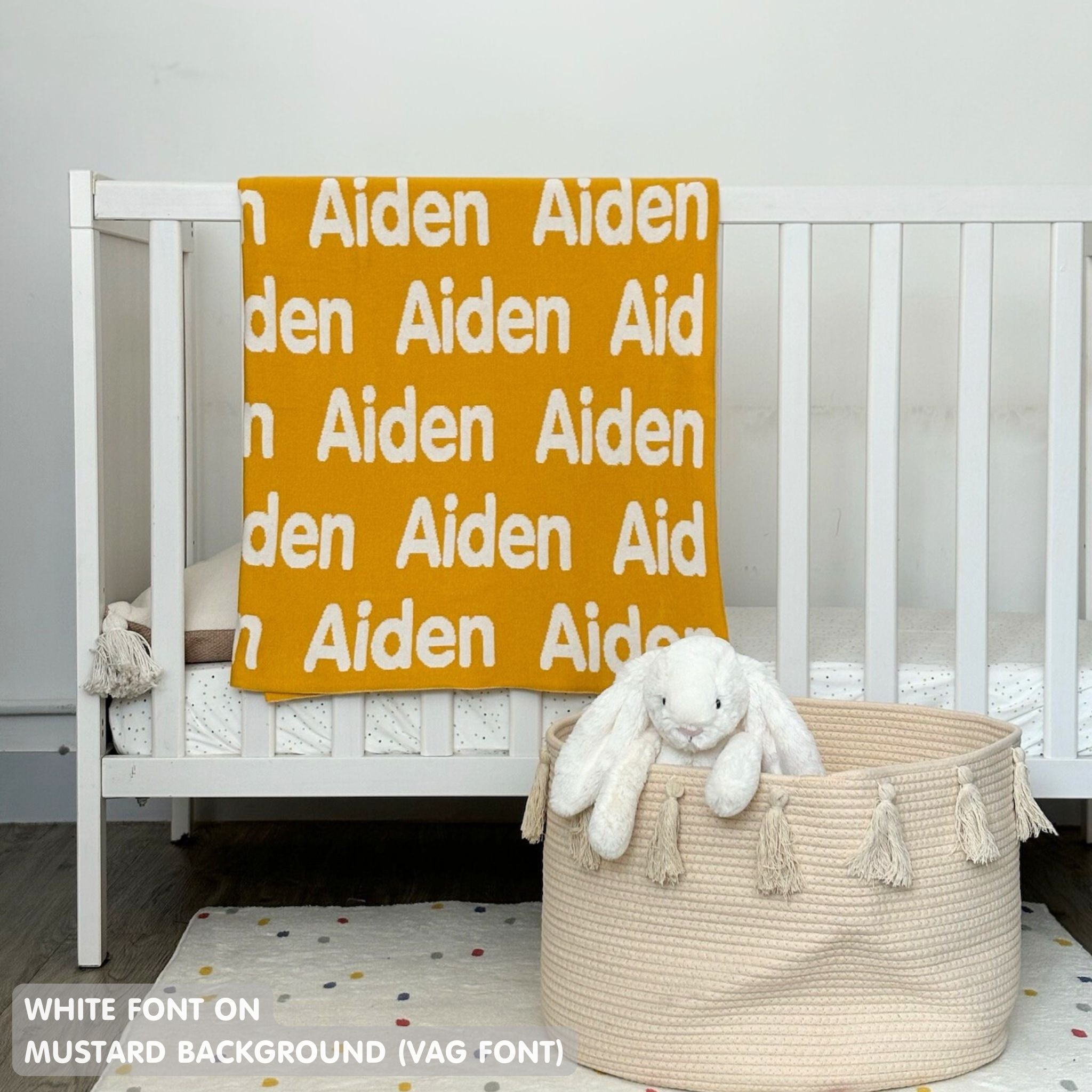 TinyBitz Personalized blanket for baby boy knitted from cotton in mustard and white.