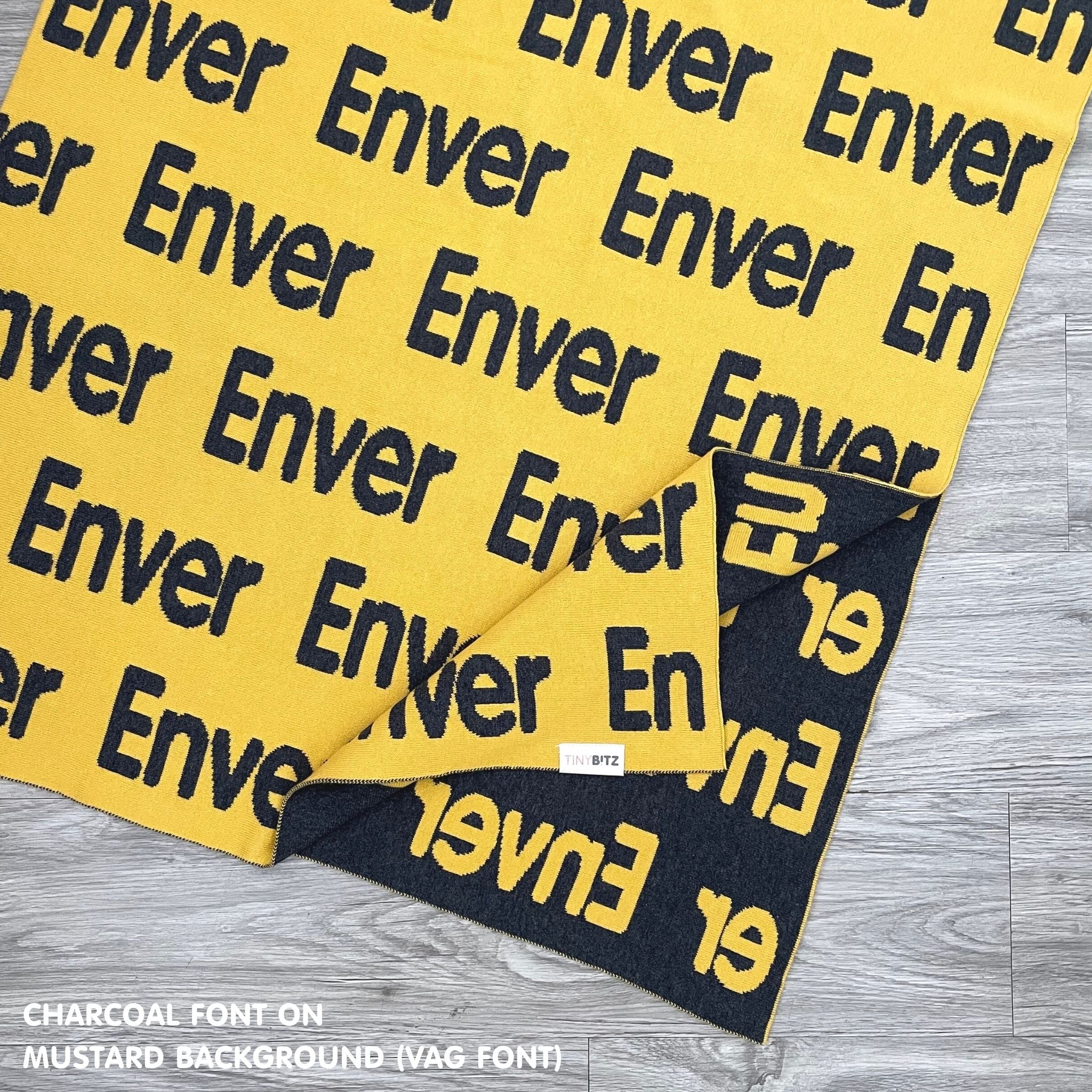 TinyBitz knitted cotton blanket in mustard and charcoal, personalised with your own name!