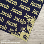 TinyBitz Personalized baby knitted name blanket in navy and sage, making the best baby shower gift!