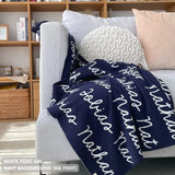 TinyBitz custom name blanket with couple's name knitted in navy and white, making the perfect wedding or anniversary gift!