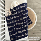 TinyBitz knitted name blanket in navy and oatmeal can be used to decorate your baby's room!