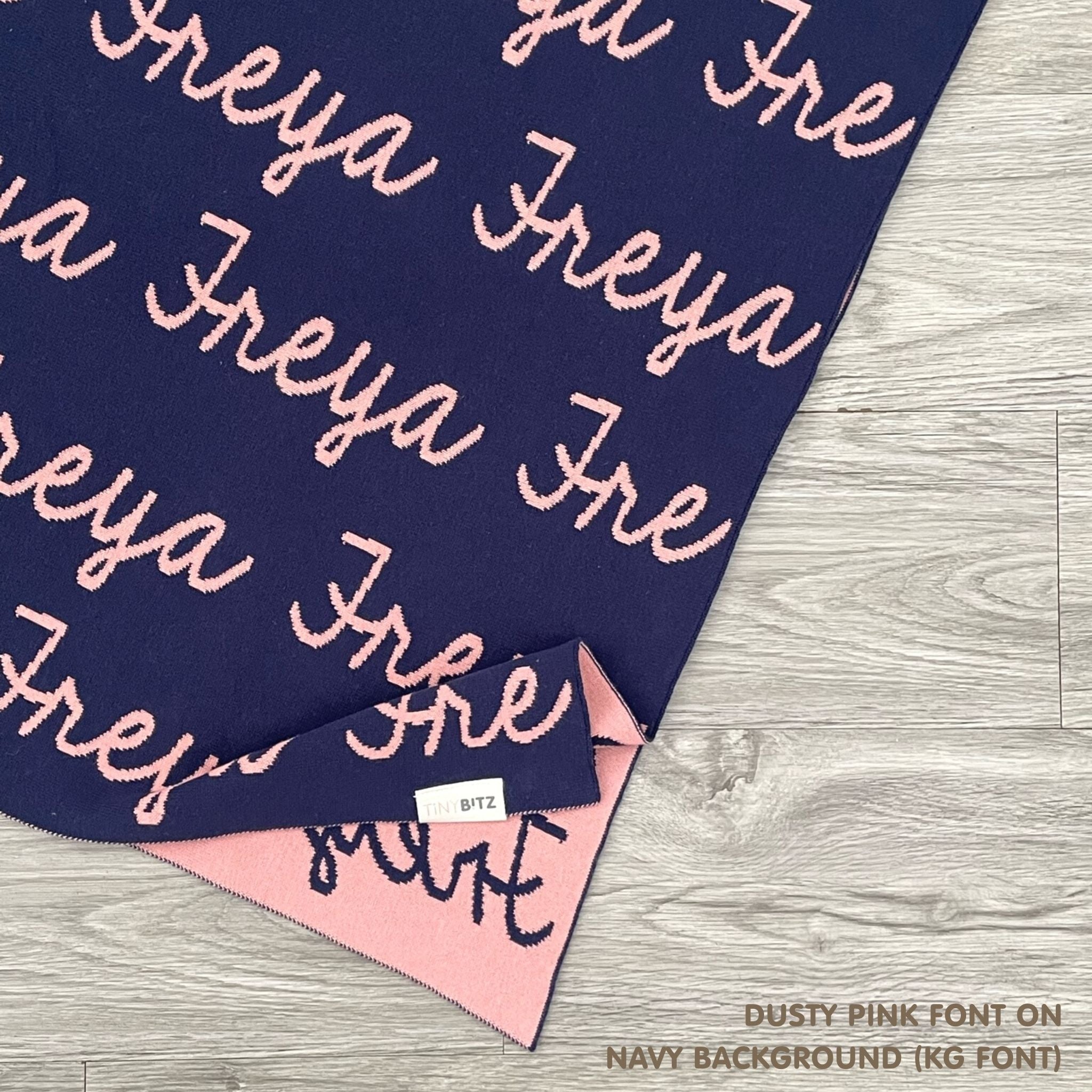 TinyBitz knitted cotton blanket in navy and dusty pink, personalised with your own name!