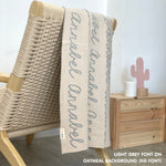 Customisable blanket with adult's name knitted in oatmeal and light grey, personalized by TinyBitz.