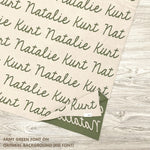 Personalized blanket with couple's name knitted in oatmeal and army green, made by TinyBitz.