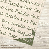 Personalized blanket with couple's name knitted in oatmeal and army green, made by TinyBitz.