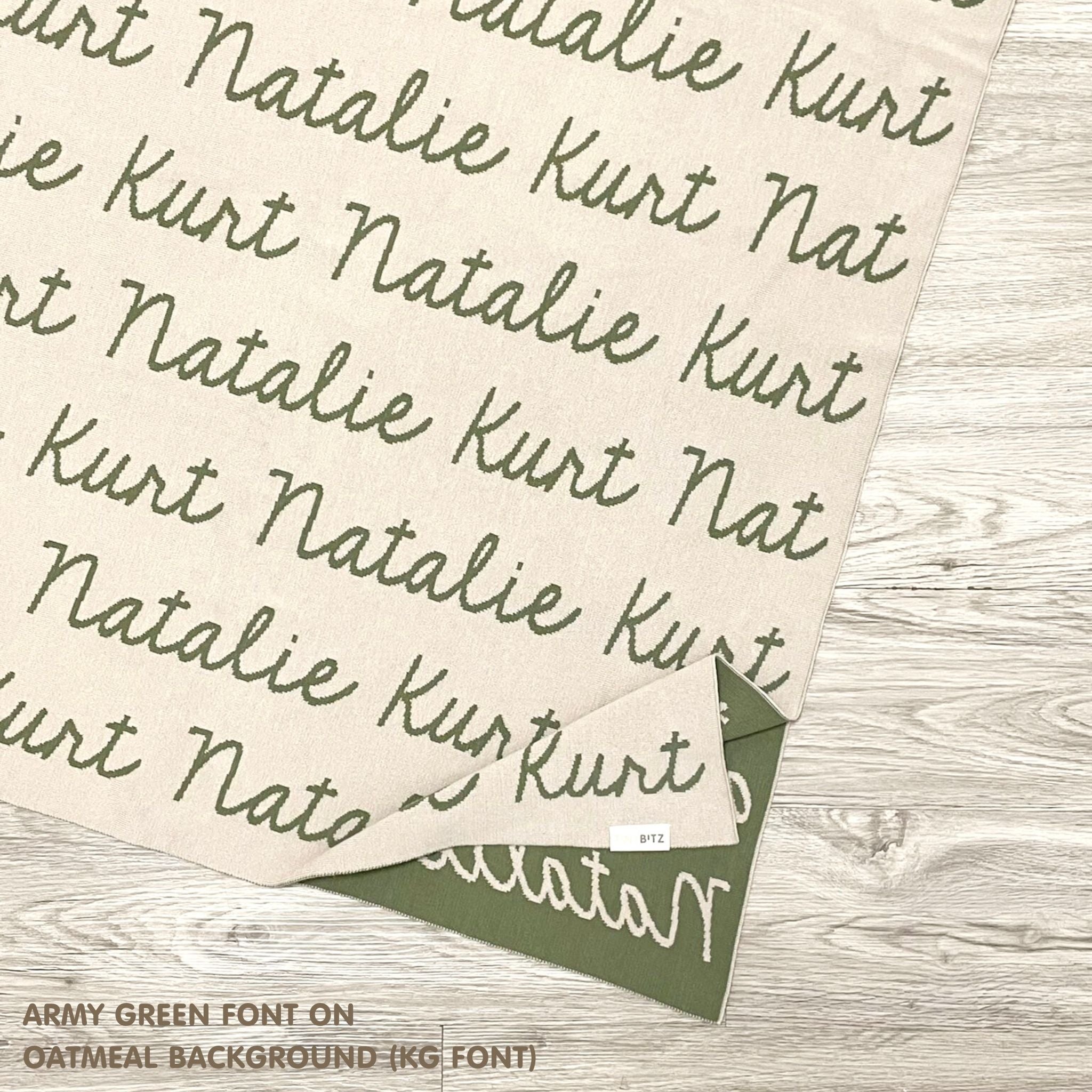 Personalized blanket with couple's name knitted in oatmeal and army green, made by TinyBitz.