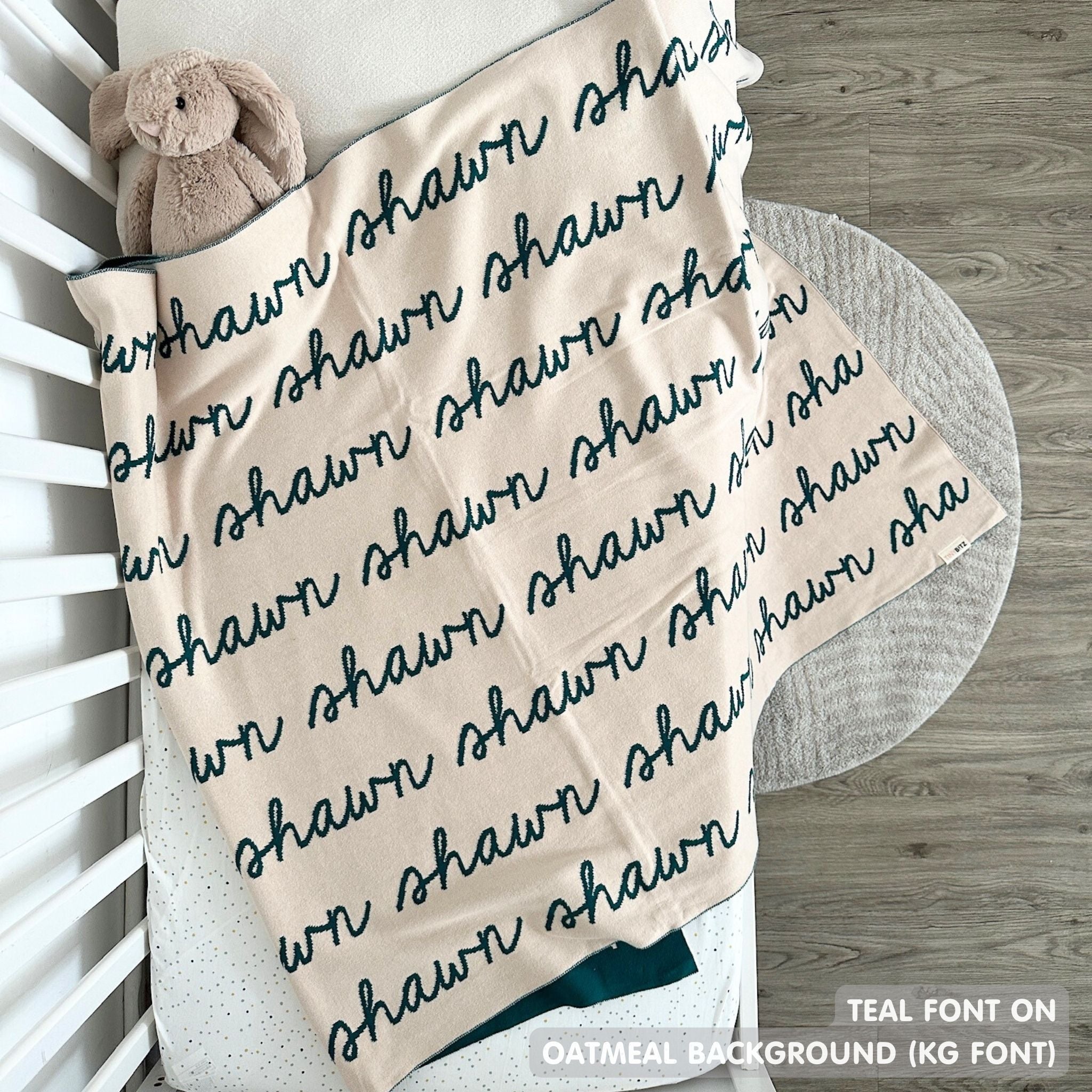 TinyBitz knitted name blanket in oatmeal and teal can be used to decorate your baby's room!