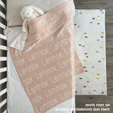 TinyBitz Personalized name blanket in oatmeal and white, perfect gift for newborn babies.