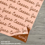 TinyBitz custom name blanket with couple's name knitted in peach and rust, making the perfect wedding or anniversary gift!
