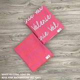 TinyBitz knitted name blanket in rose pink background can be used to decorate your baby's room!