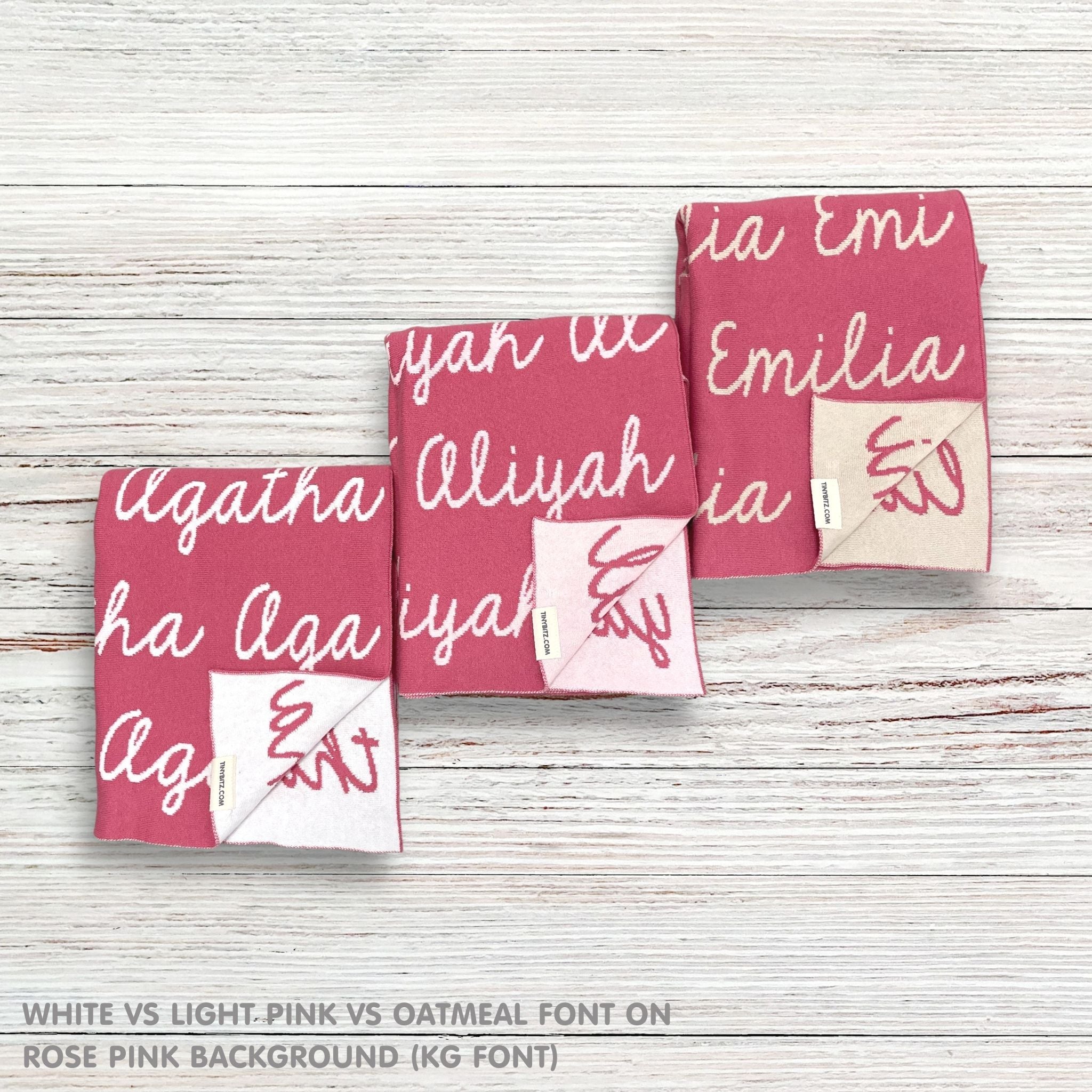 TinyBitz Personalized name blanket in rose pink background, perfect gift for newborn babies.