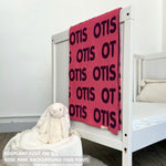 TinyBitz Personalized baby knitted name blanket in rose pink and eggplant, making the best baby shower gift!