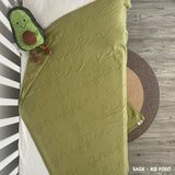 TinyBitz knitted baby boy blanket in sage background, one colour with monogram, personalized with your baby’s name.