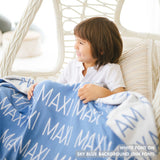 TinyBitz Personalized name blanket in sky blue and white, perfect gift for newborn babies.