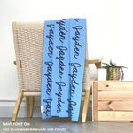 TinyBitz Personalized blanket for baby boy knitted from cotton in sky blue and navy.