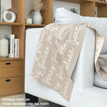 Customisable sofa/bed throw and blanket with your own name knitted in stone and oatmeal, made by TinyBitz!