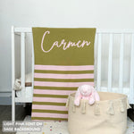 Baby blanket knitted from cotton personalized with baby's name in sage and light pink with a stripes pattern, made by TinyBitz.