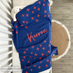 TinyBitz personalized baby name blanket, knitted in blue and coral with a twinkles pattern, perfect baby shower gift!