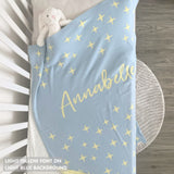 TinyBitz personalized kids knitted name blanket in light blue with a twinkles pattern, perfect gift for birthdays!