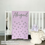 TinyBitz personalized name blanket in light purple and light grey with a twinkles pattern, perfect gift for newborn babies and kids.