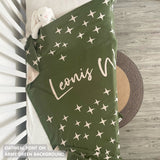 TinyBitz personalized baby name blanket, knitted in army green and oatmeal with a twinkles pattern, perfect baby shower gift!