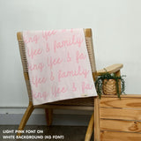 Personalised family blanket knitted in white and light pink, custom made by TinyBitz.