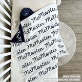 TinyBitz Personalized name blanket in white and navy, perfect gift for newborn babies.