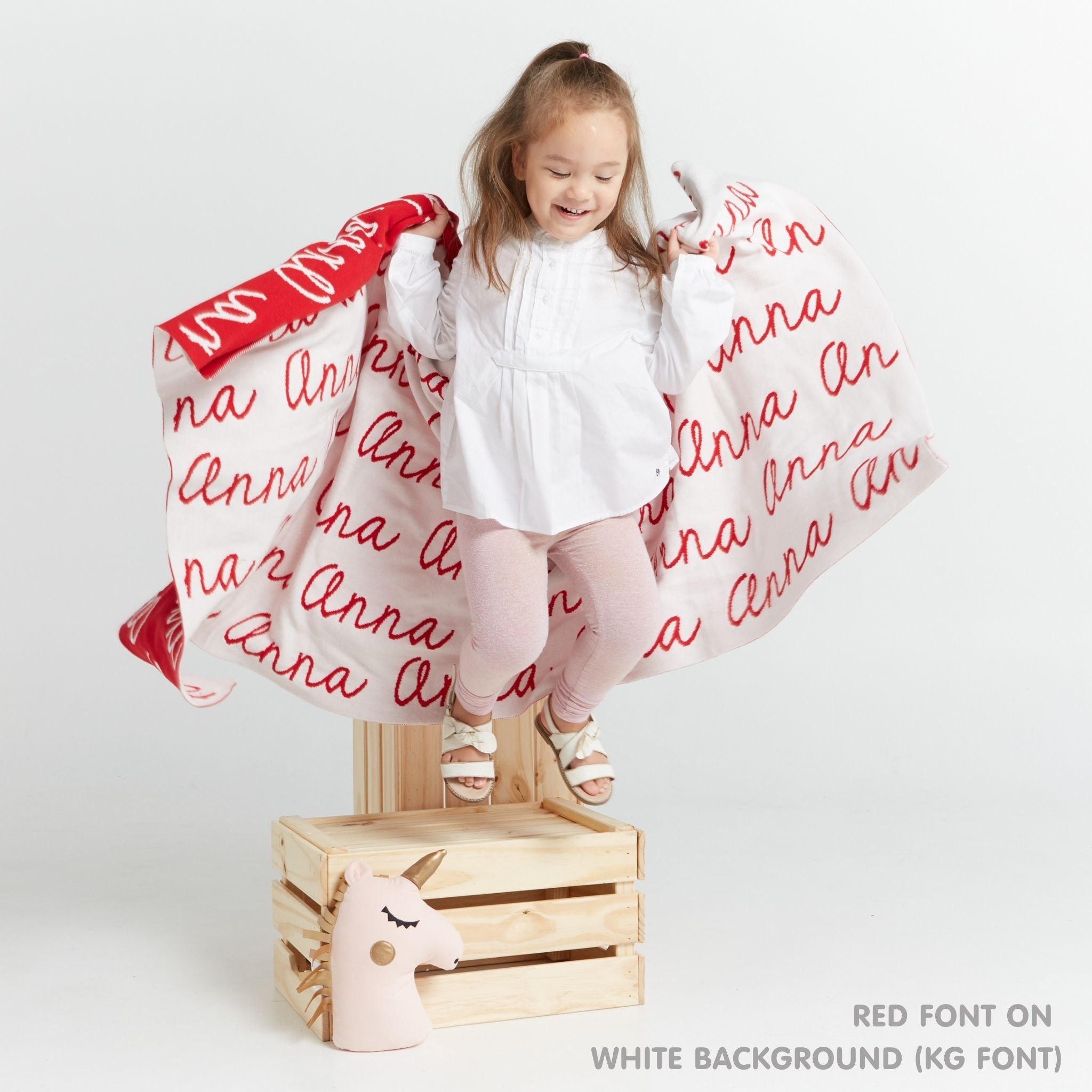 TinyBitz Personalized name blanket in white and red, perfect gift for newborn babies.