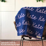Cotton Kids Blanket with name knitted in blue and light purple, made by TinyBitz.