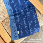 Knitted Children blanket in blue and sky blue, customised with kid's name, made by TinyBitz.