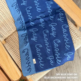 Knitted Children blanket in blue and sky blue, customised with kid's name, made by TinyBitz.