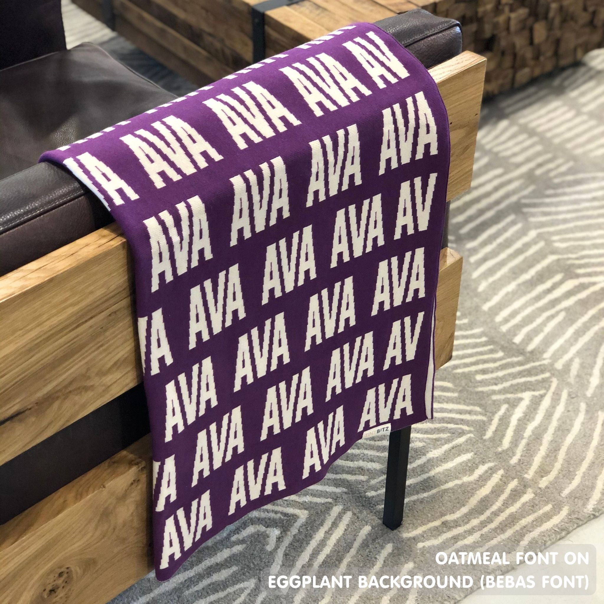 TinyBitz Personalized kids blanket in eggplant and oatmeal, a keepsake gift for your child.