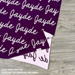 TinyBitz Kids Blanket in eggplant and light pink, personalized with child's name and made from 100% cotton.