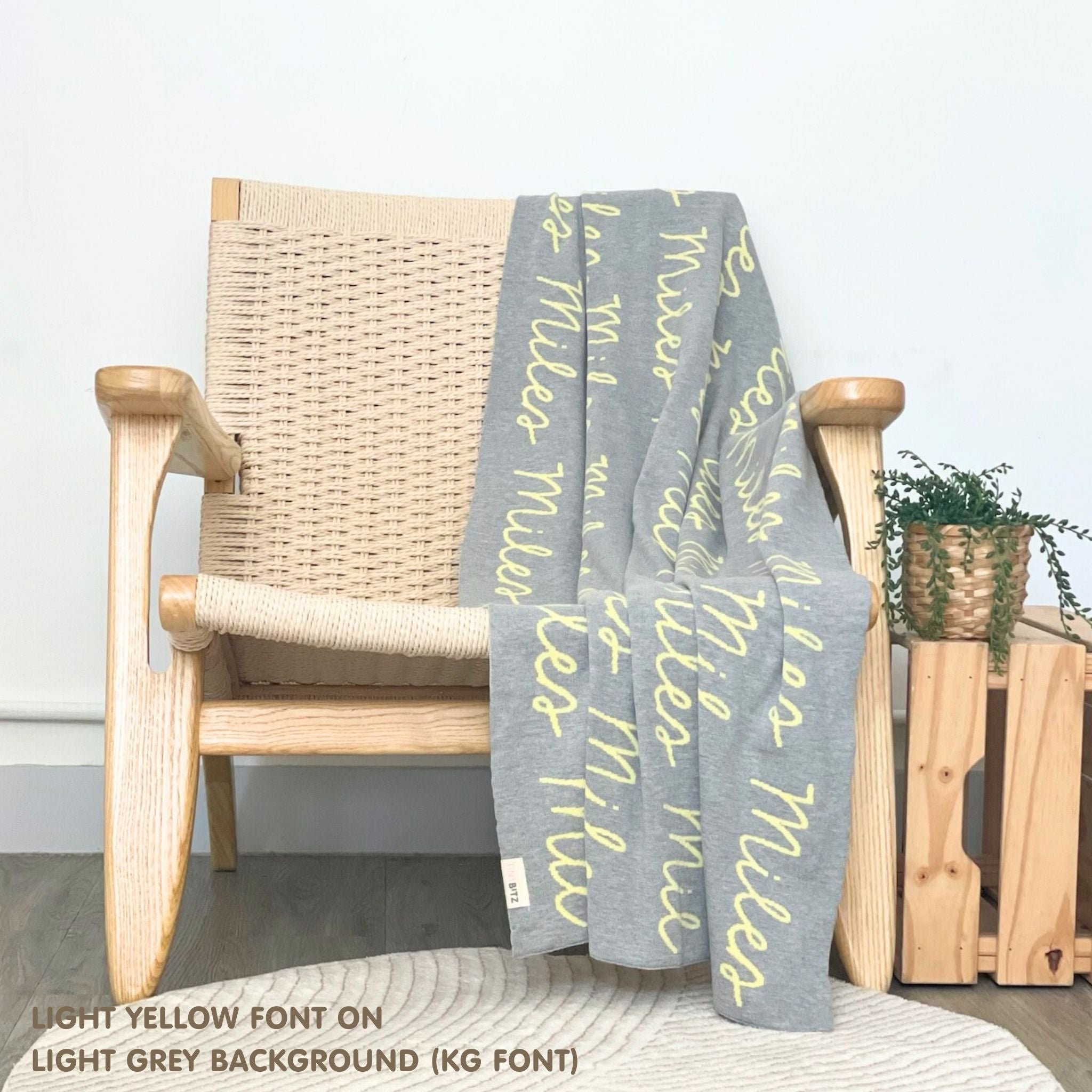 TinyBitz Kids Blanket in light grey and light yellow, personalized with child's name and made from 100% cotton.