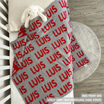 Custom cotton blanket for girls in light grey and red, personalized by TinyBitz.