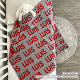 Custom cotton blanket for girls in light grey and red, personalized by TinyBitz.