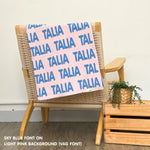 Knitted Children blanket in light pink and sky blue, customised with kid's name, made by TinyBitz.