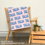 Knitted Children blanket in light pink and sky blue, customised with kid's name, made by TinyBitz.