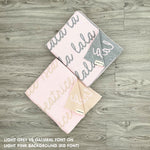 Cotton Kids Blanket with name knitted in light pink background, made by TinyBitz.