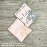 Cotton Kids Blanket with name knitted in light pink background, made by TinyBitz.