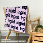 Custom cotton blanket for girls in light purple and navy, personalized by TinyBitz.