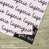 TinyBitz Kids Blanket in light purple and charcoal, personalized with child's name and made from 100% cotton.