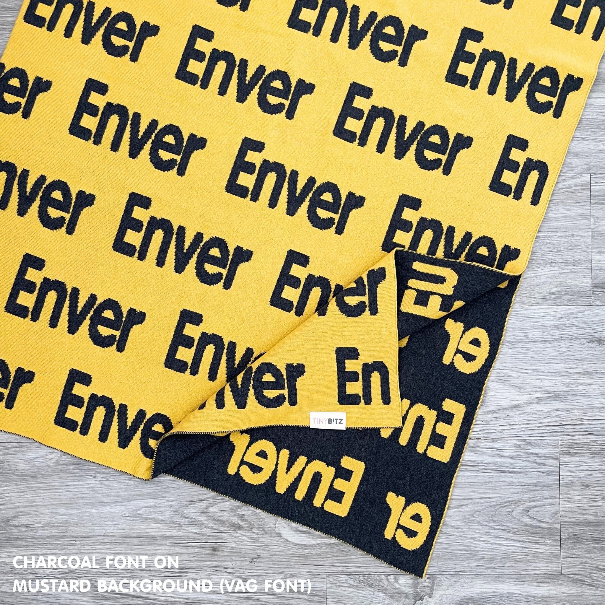 TinyBitz Personalized kids blanket in mustard and charcoal, a keepsake gift for your child.