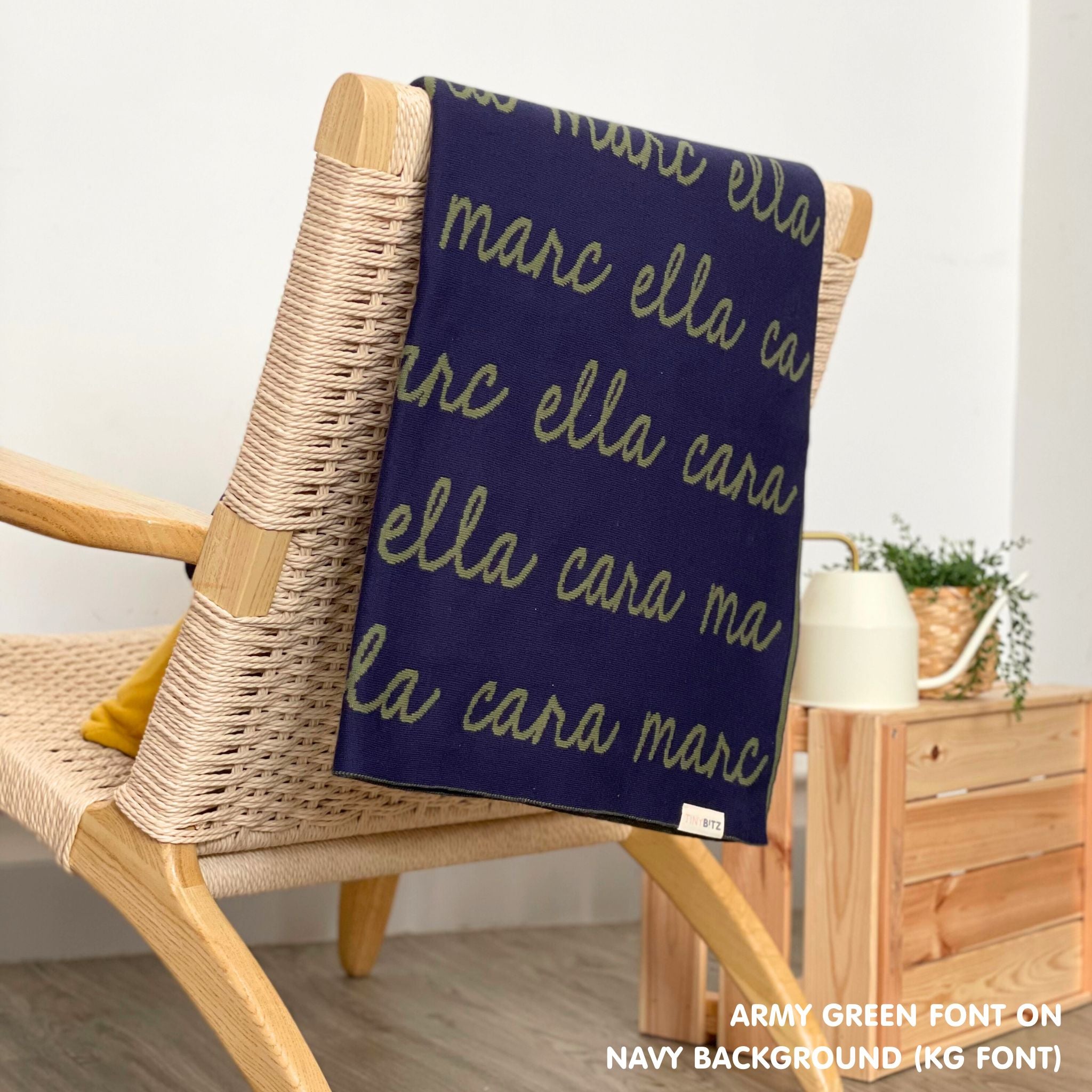 TinyBitz Kids Blanket in navy and army green, personalized with child's name and made from 100% cotton.