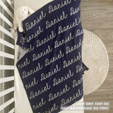 Cotton Kids Blanket with name knitted in navy and light grey, made by TinyBitz.