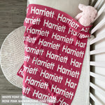 TinyBitz Kids Blanket in rose pink and white, personalized with child's name and made from 100% cotton.